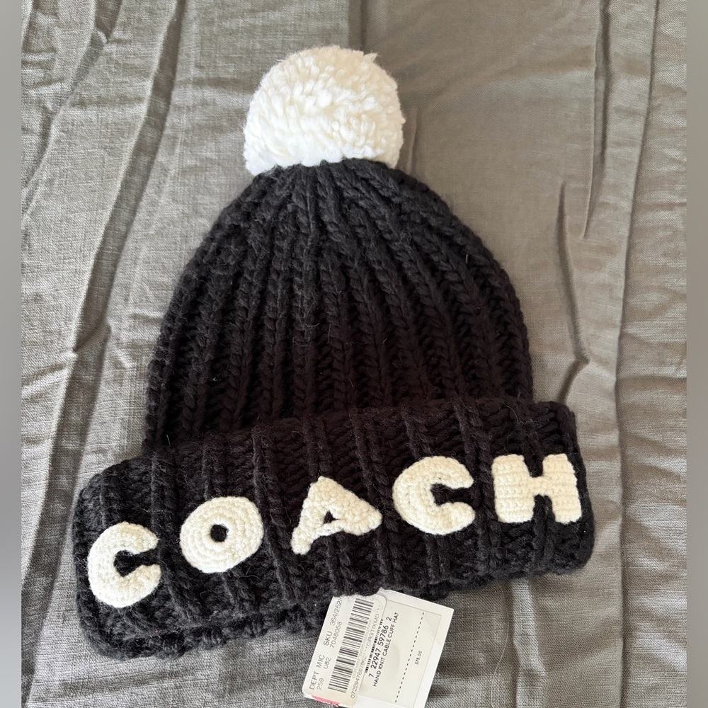 Coach Black  Knit Hat with White/Cream Pom-Pom
